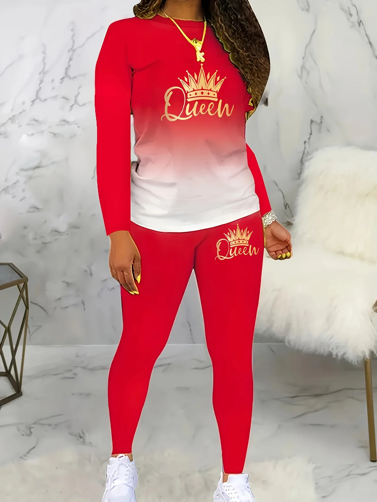 [Two-Piece Set] Gradient Color Crown Print Casual Autumn Winter Long Sleeve Round Neck Women's Pants Two-Piece Set
