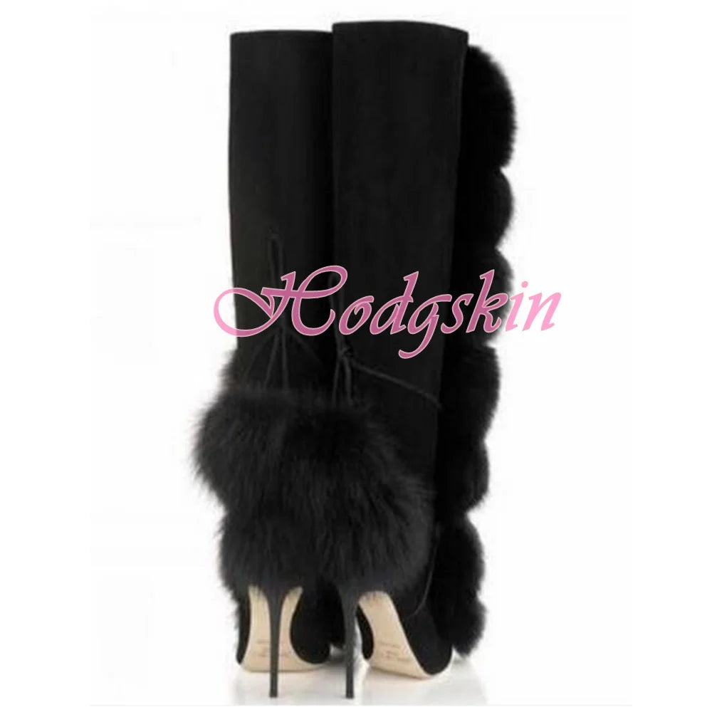 Plush Ball Lace Up Boots Stiletto Heels Solid Black Knee High Boots Pointy Toe Side Zipper Winter Women Party Dress Shoes Sexy