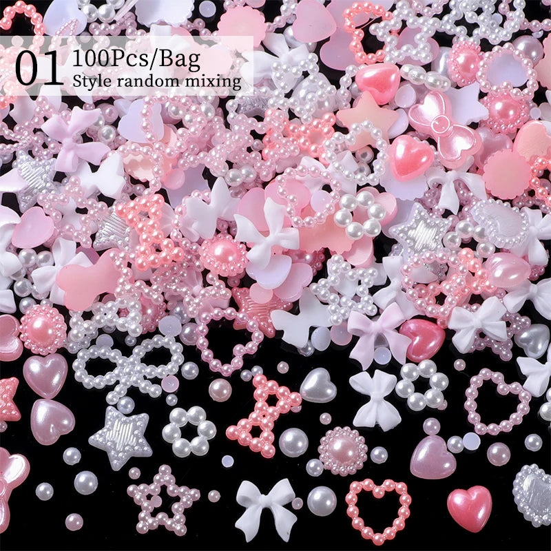 100/200pcs 3D Mixed Nail Decorations Kawaii Heart Flower Bear Pearl Design Rhinestone Nail Art Charms Jewelry Manicure Accessory
