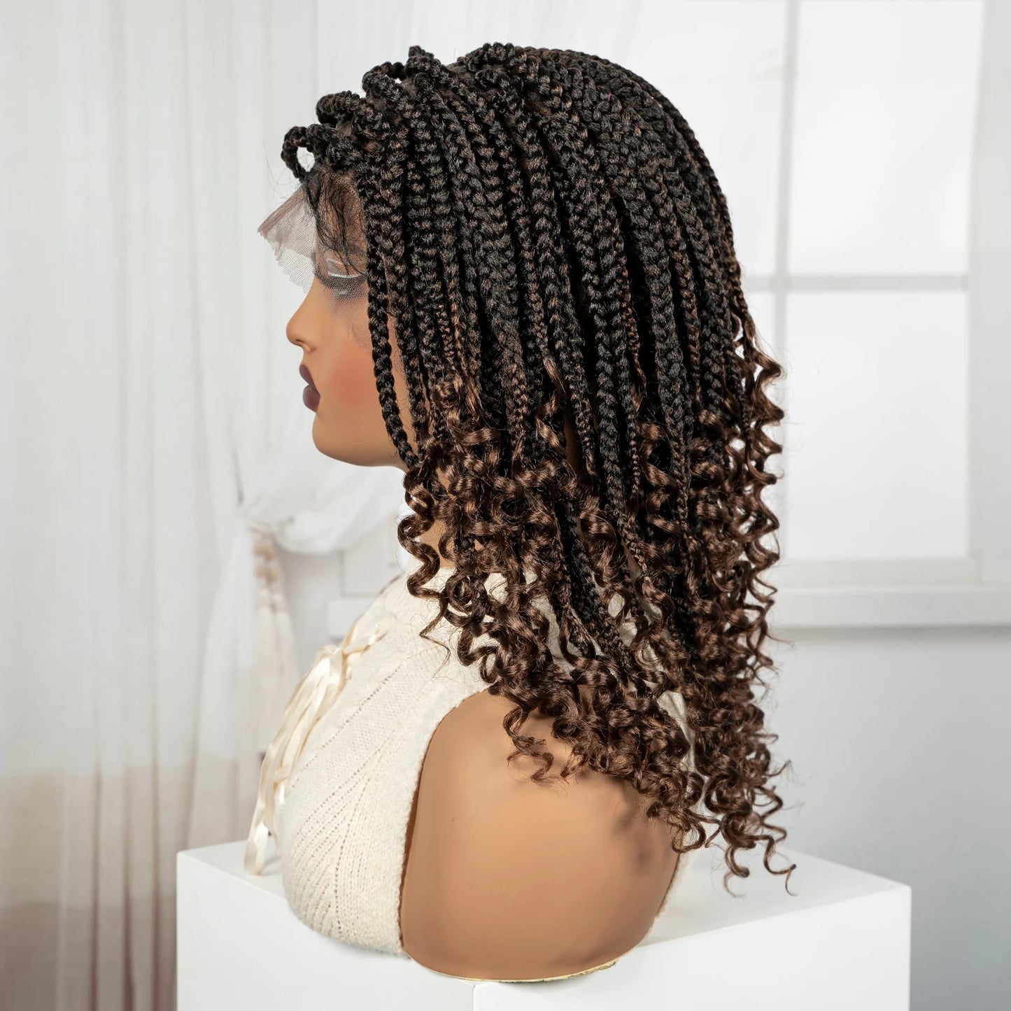 Knotless Box Boho Braided Wigs with Curly Ends Synthetic Full Lace Braided Lace Wigs Short Braided Bob Wig for Black Women