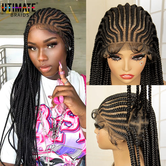 34 Inches Handmade Synthetic Braiding Wig HD Full Lace Cornrow Braided Wigs Back Knotless Box Braids Wig for Black Women