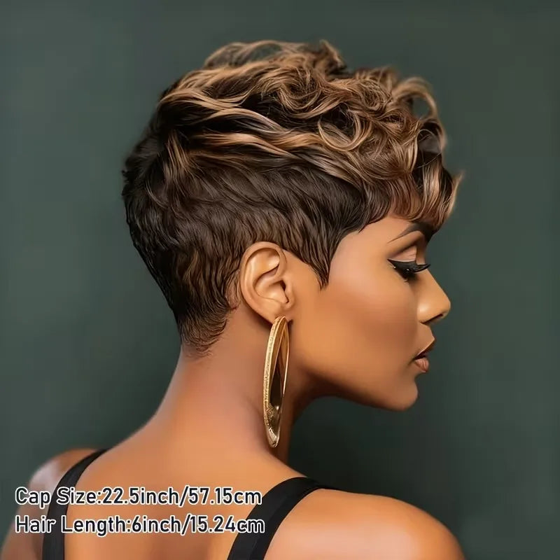 Curly Human Hair Wigs Pixie Cut Wig Coffee Brown 100%Human Hair Wig Short Kinky Curly Human Hair Full Machine Wig