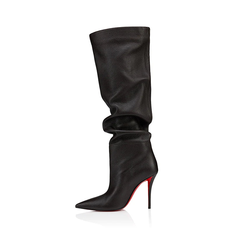Ladies Ruched Knee‑High Leather Boots Pointed Toe Thin Stiletto Heel Long Booties Chic Dress Shoes for Club & Urban Occasions
