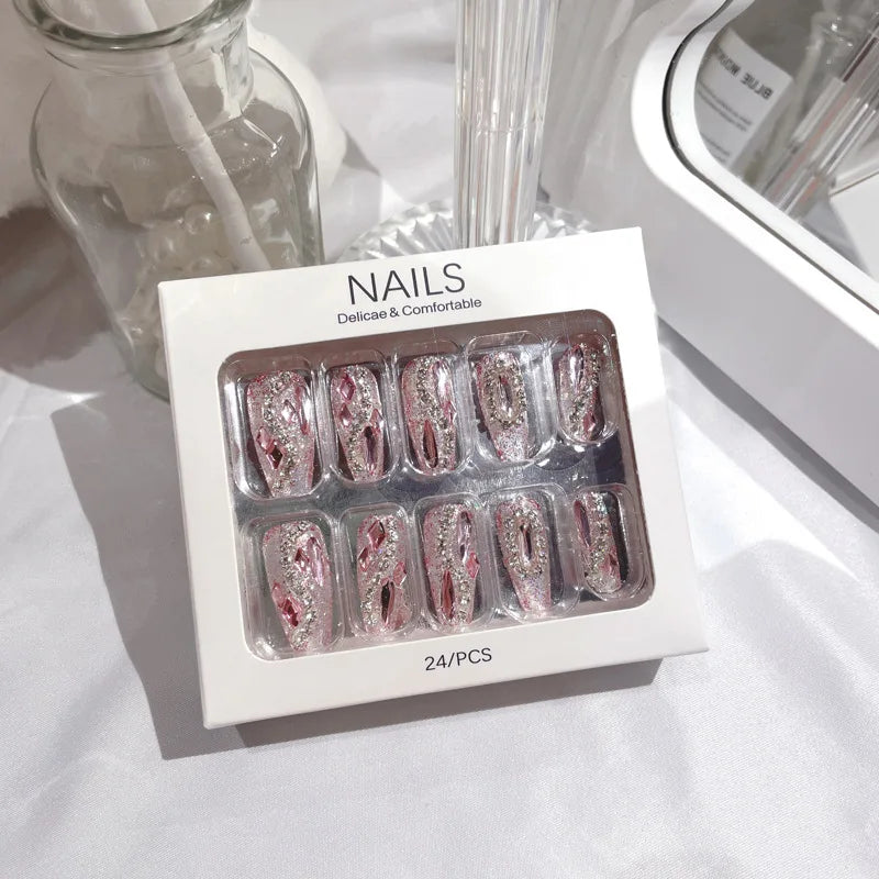 Glitter Fairy Rhinestone False nail Tips for Bride lady Wearable Sweet Crystal Design Press on Nails Mid Length Fake Nail Patch