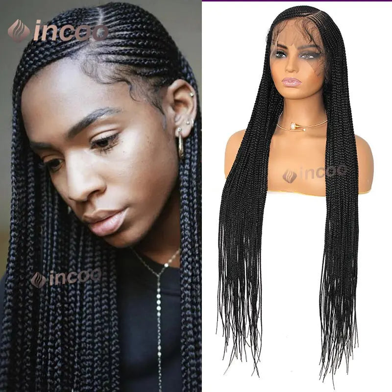 36" Cornrow Braided Wigs Synthetic Handmade Side Part Braided Wig Full Lace Frontal Braiding Wig Goddess Knotless Box Braids Wig