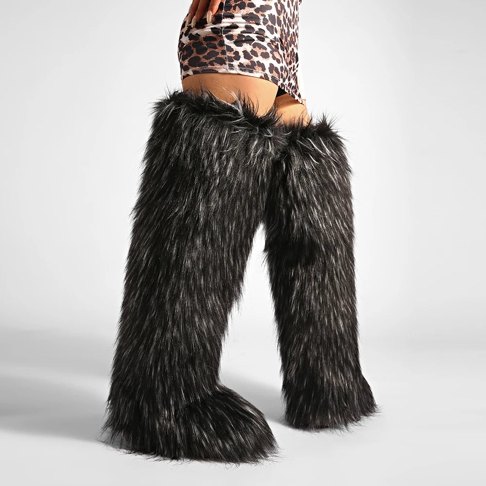 Women's Cozy Faux Fur over the Knee Boots Thigh High Fluffy Y2K Furry Fuzzy Warm Outdoor Comfortable Girls Boot