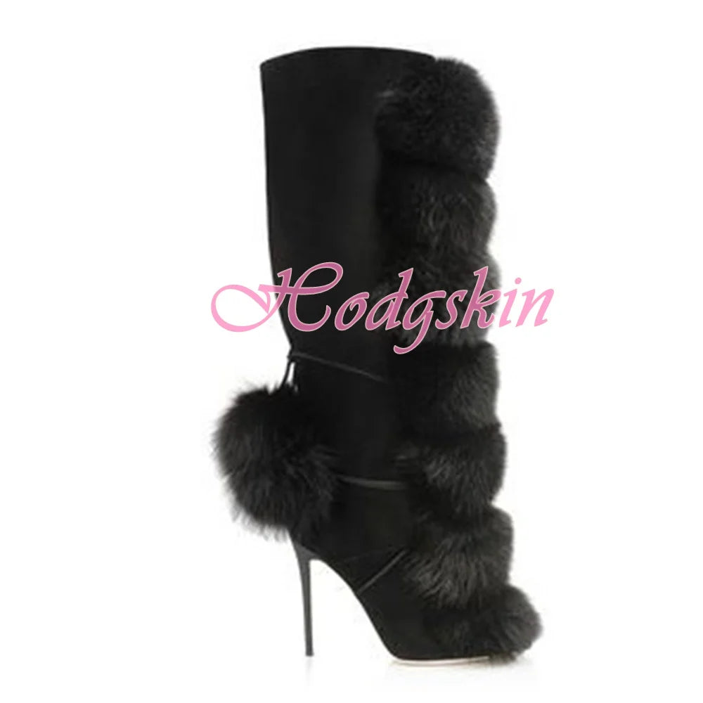 Plush Ball Lace Up Boots Stiletto Heels Solid Black Knee High Boots Pointy Toe Side Zipper Winter Women Party Dress Shoes Sexy