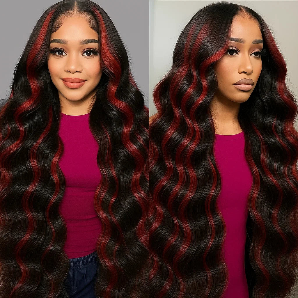 Red Black Human Hair Wigs Highlight Body Wave Human Hair Wigs 5x5 Lace Front Wigs Glueless Wig Colored Curly Human Hair Wigs