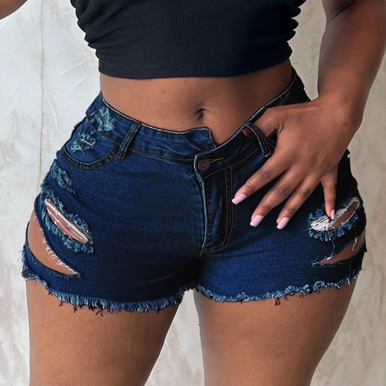 Women's Stretchy Distressed denim-like Jeans Shorts - Skinny fit Mid-Rise with Raw Hem Tears & Frayed Edges, Non-See-Through Viscose Blend for Casual Outfits, Beach Parties, Everyday Summer Wear - Machine Washable, Denim Shor