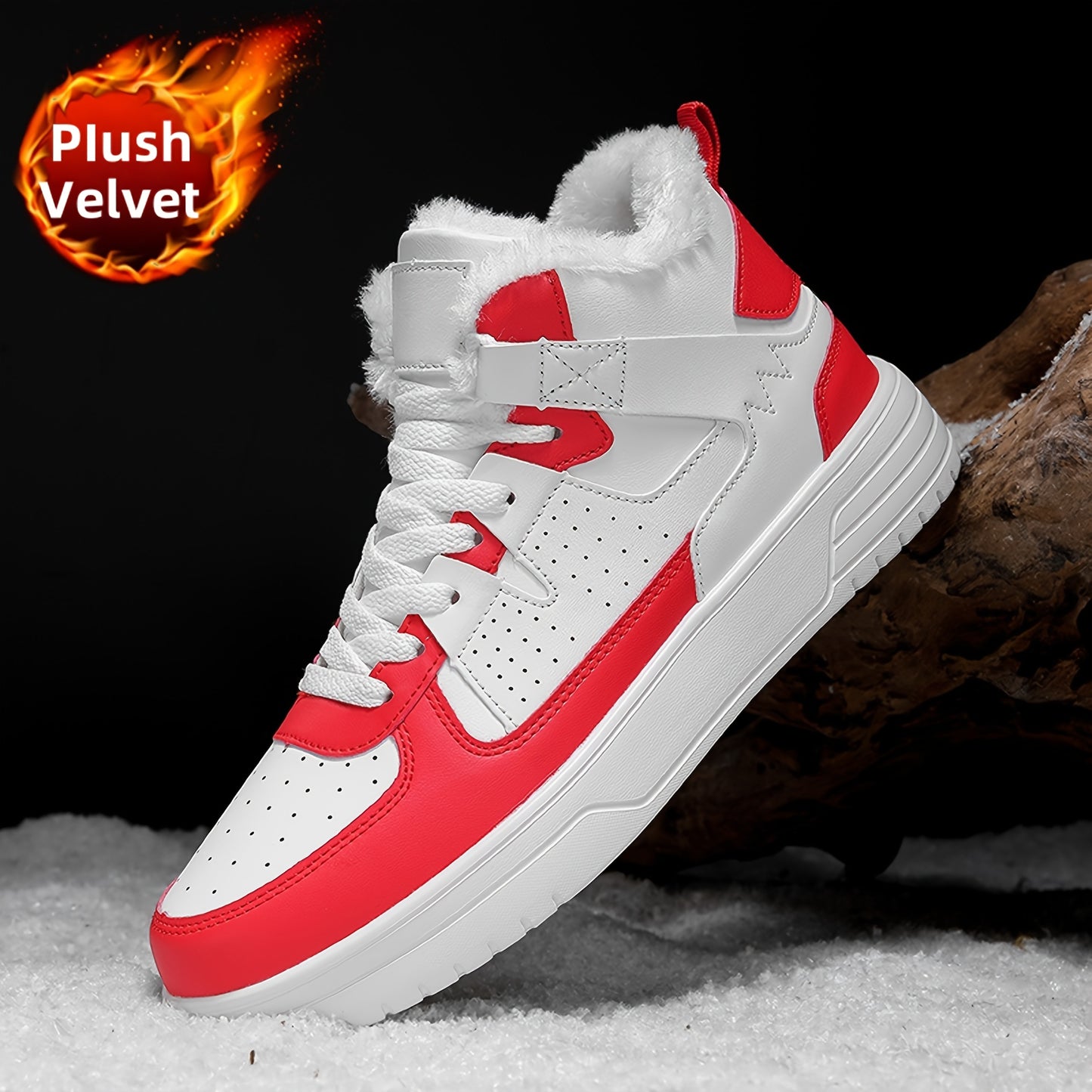 WANWEISI Men's Winter High-Top Thick-Sole Sneakers with Plush Fleece Lining - Heavy-Duty & MD Sole, Lace-Up Winter Boots for Hiking, Outdoor, Casual & Casual Attire - Warm Thermal Insulation, Cushioned Comfort, White/Black/Re