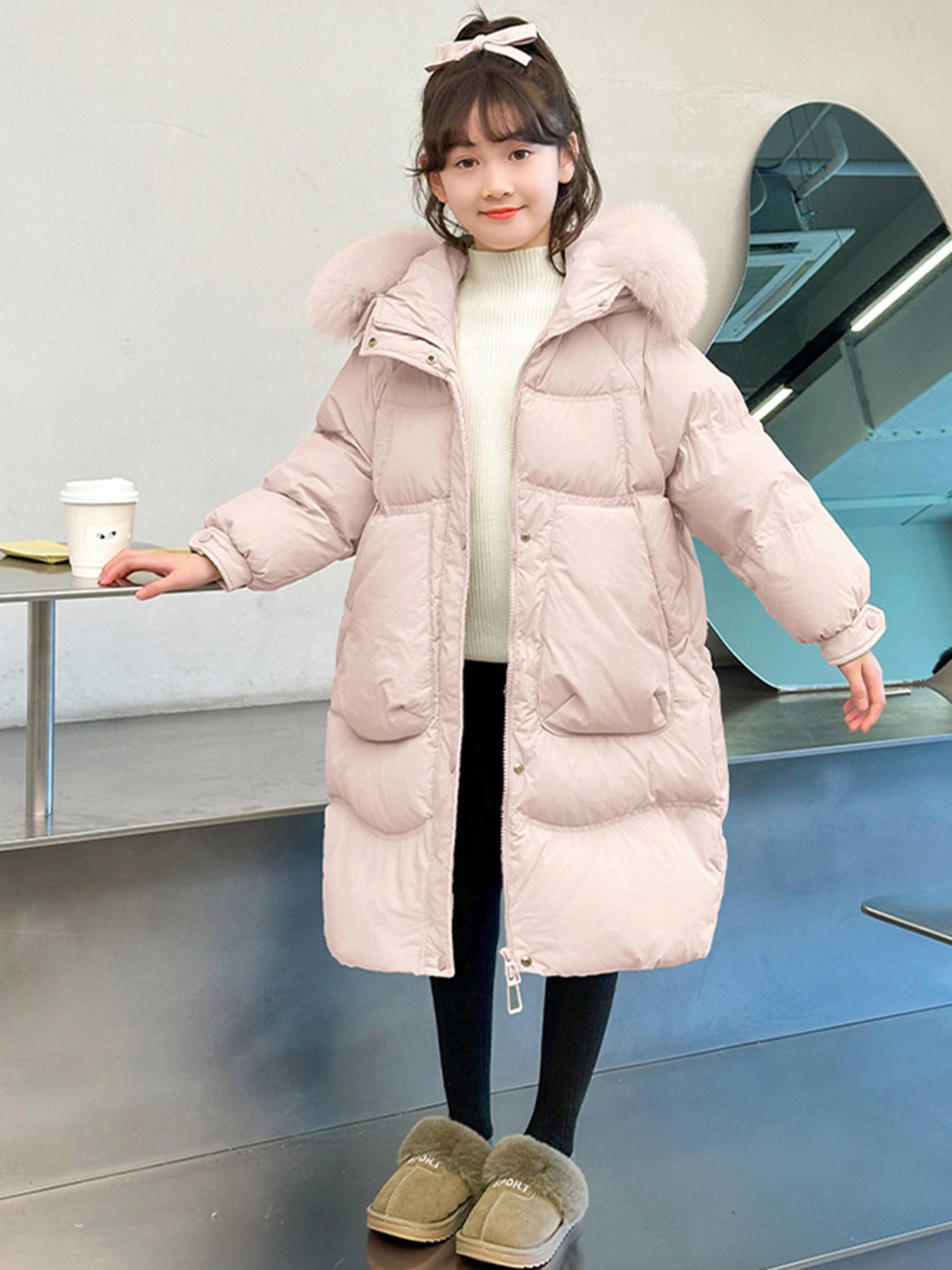 Girls' Winter Warm Jacket with Hooded Faux Fur Collar & Large Pockets - Zipper Closure Cold-Resistant Outer Coat Suitable for Outdoor,, Playdates - Solid Color Winter Clothing Gift for Teen Girls (Hand Washable)