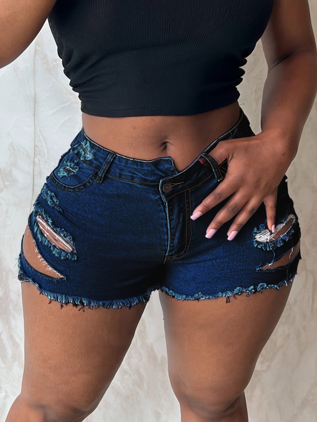 Women's Stretchy Distressed denim-like Jeans Shorts - Skinny fit Mid-Rise with Raw Hem Tears & Frayed Edges, Non-See-Through Viscose Blend for Casual Outfits, Beach Parties, Everyday Summer Wear - Machine Washable, Denim Shor