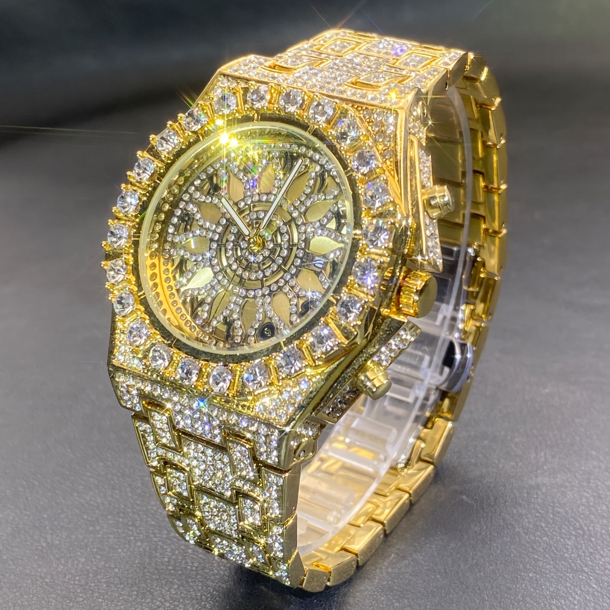 MISS FOX Men'S Luxury Golden-Tone Rhinestone-Encrusted Dual-Layer Openwork Dial Quartz Watch with Luminous Hands & Date Calendar - Party & Casual Elegant Watch for Festive Occasions, Festive Watch | Rhinestone Embellished | I