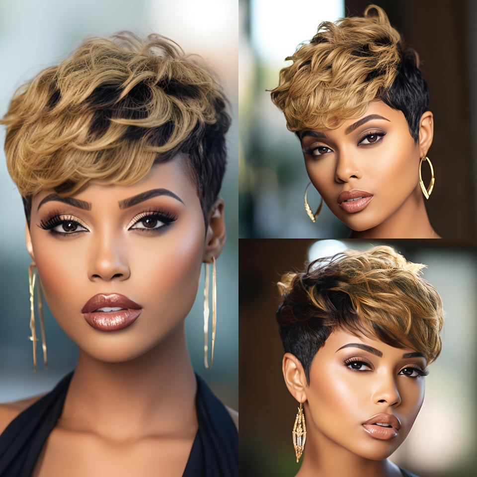 Women'S Remy Peruvian Human Hair Wig with Bangs - Layered Short Straight Pixie Cut, Natural Brown Balayage Highlights (1B/30#), Density Full Head