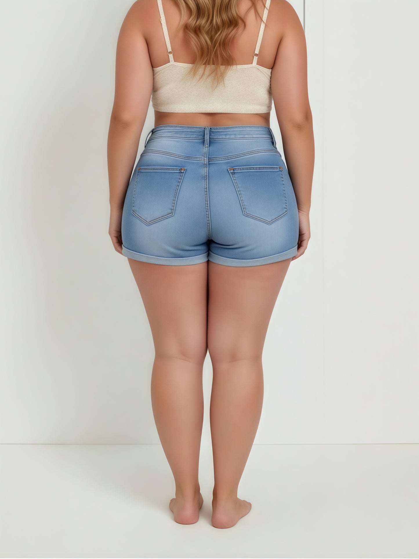 Women'S Large Size High Waist High Stretch Tight Denim Shorts | Multi-hole, Blue Classic, Plus Size 0XL-4XL, Button Fly Closure, Sexy Style, Spring/Summer Season, Ripped Details, WBLTRVE Brand