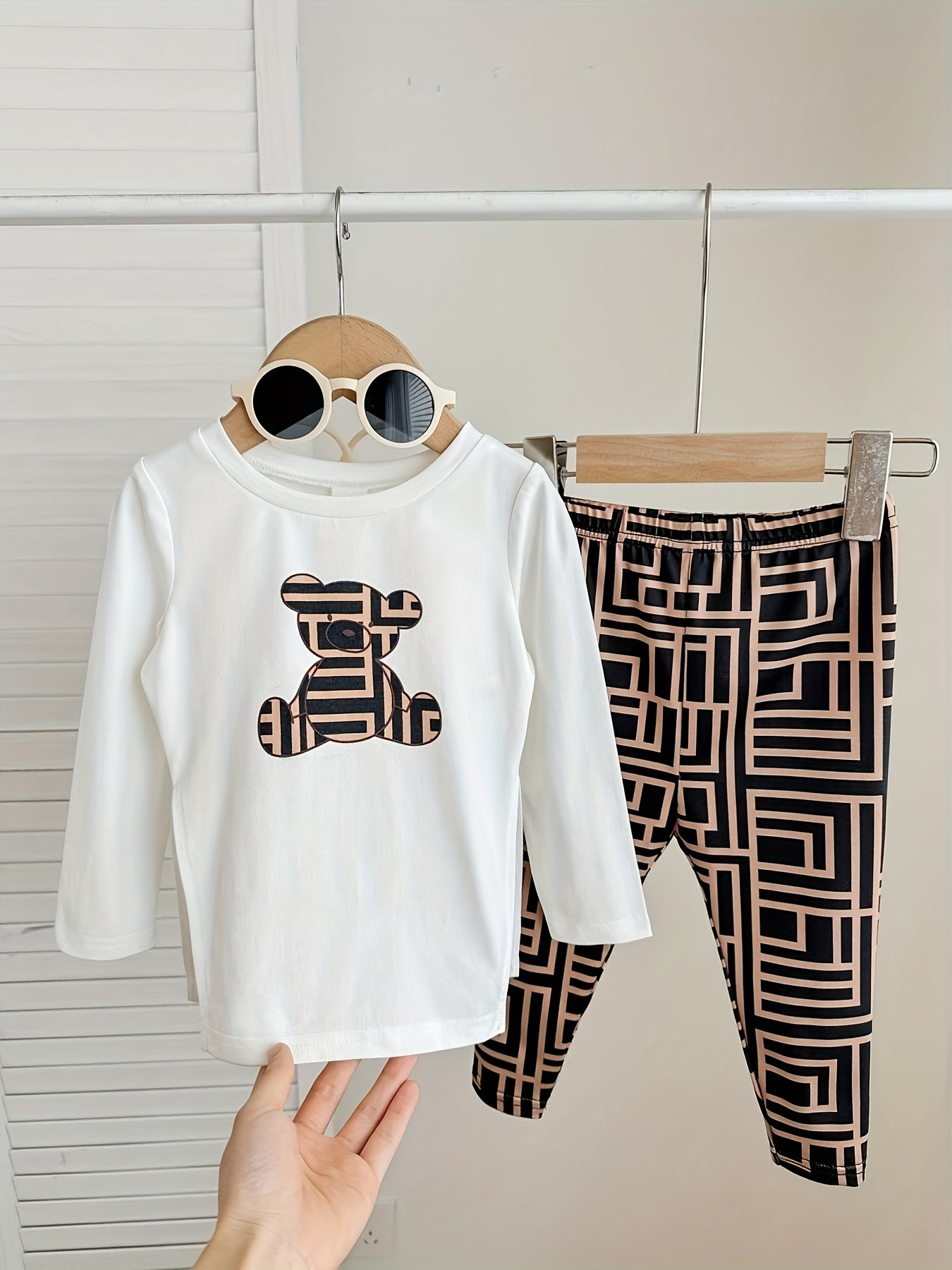 2pcs Winter Outfit Set - Oversized White Smock Dress-like Long Sleeve T-Shirt & Wide-Leg Pants with Matching White & Black Stripes, Soft Stretchy Polyester, Warm Fall/Winter Outfit (0-12 Months), Perfect for Outdoor