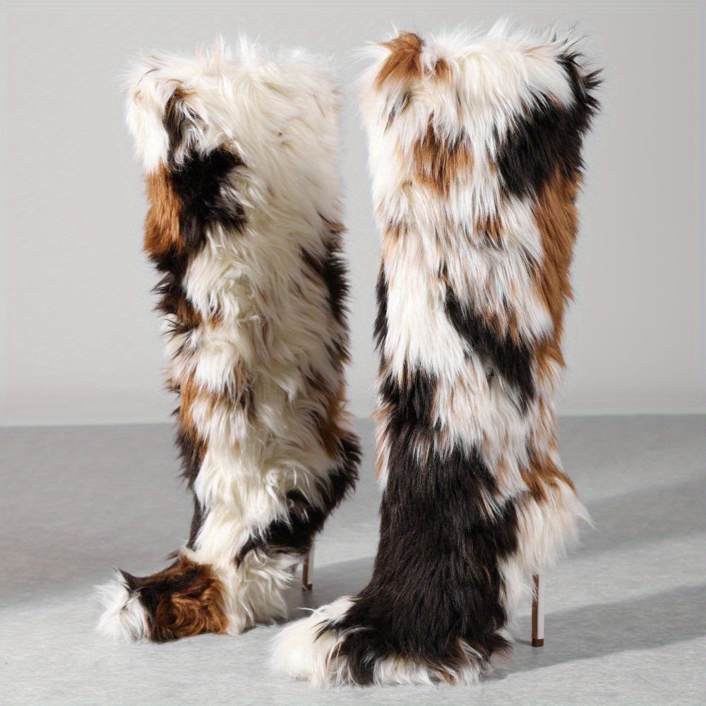 Women'S Faux Fur Knee-High Boots with Kitten Heel - Furry Fluffy Pointed Toe Winter Comfy Plush Warm Boots