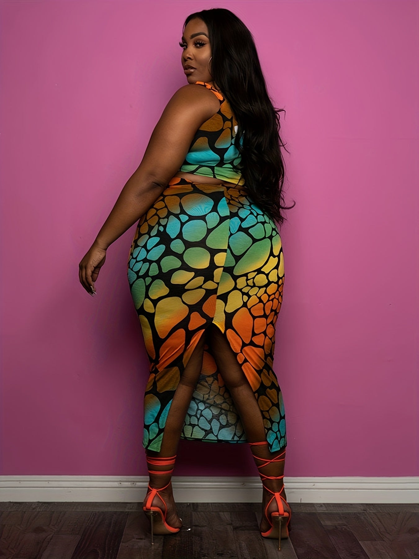 Plus Size - Plus Size Women'S Summer Casual Fashion Sexy Color Block Leopard Print Round Neck Sleeveless Crop Top + Color Block Leopard Print Sexy Bodycon Back Slit Skirt Two-Piece Set
