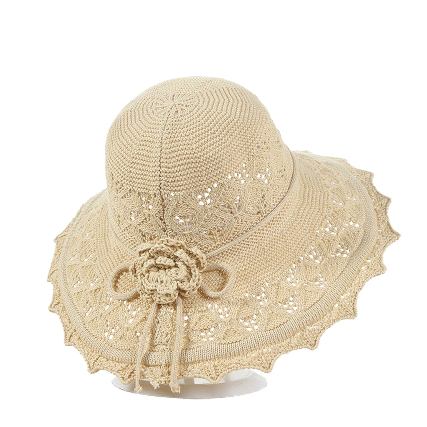 MONYPLAY Women's Summer Crochet Straw-Style Acrylic Sun Hat - Wide Brim Lightweight Floppy Beach Hat with Floral Embellishments, Machine Washable for Outdoor, Garden & Picnic