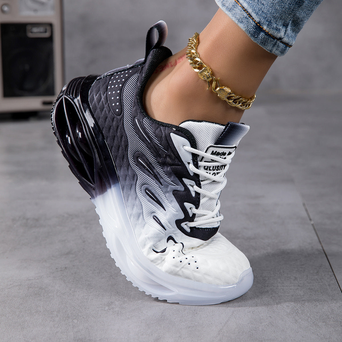 Women's Lightweight Breathable Mesh Running Shoes - Shock-Absorbing Thick Sole, Geometric Design Sport Control Sneakers with EVA Cushion & Rubber Grip, All-Season Casual Gift for Her, Comfortable Fabric Insole