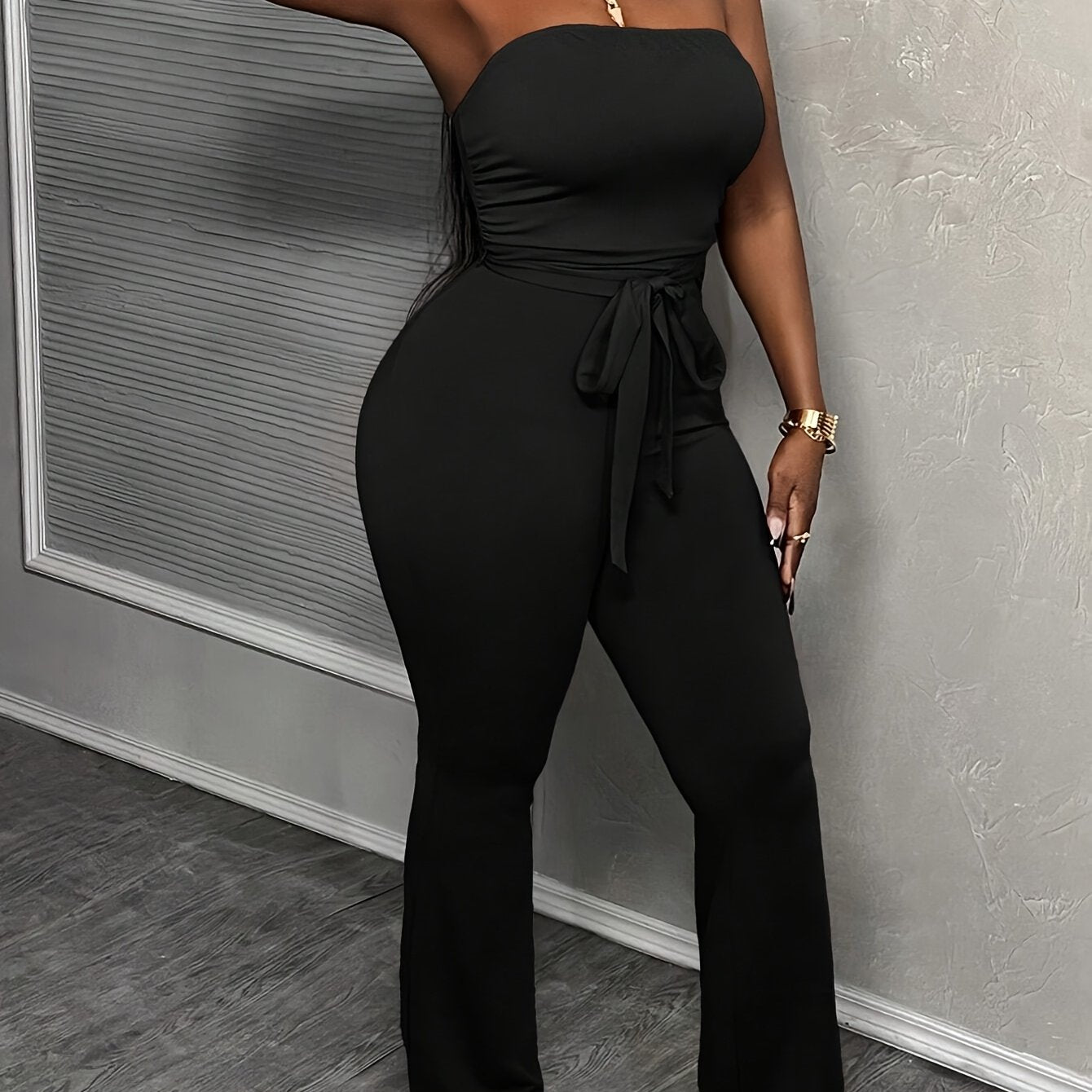 Casual Basic Elegant Purple-red Waist-tied Tube Flared Jumpsuit For Women