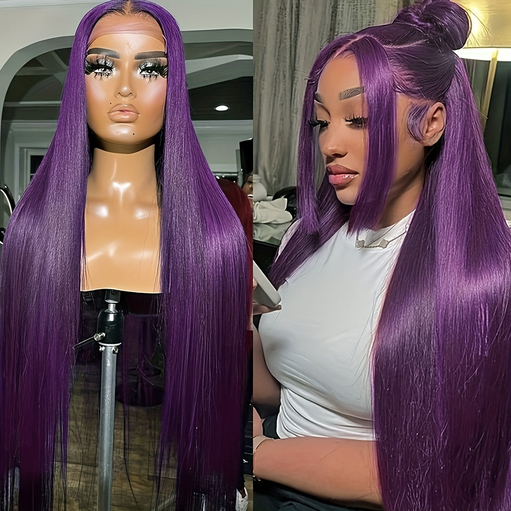 26 Inch Dark Purple Lace Front Wigs for Women Pre Plucked Hair Line Free Parting Heat Resistant Long Straight Soft Wig Glueless Hair Replacement Wigs for Party Daily Use 180% Density
