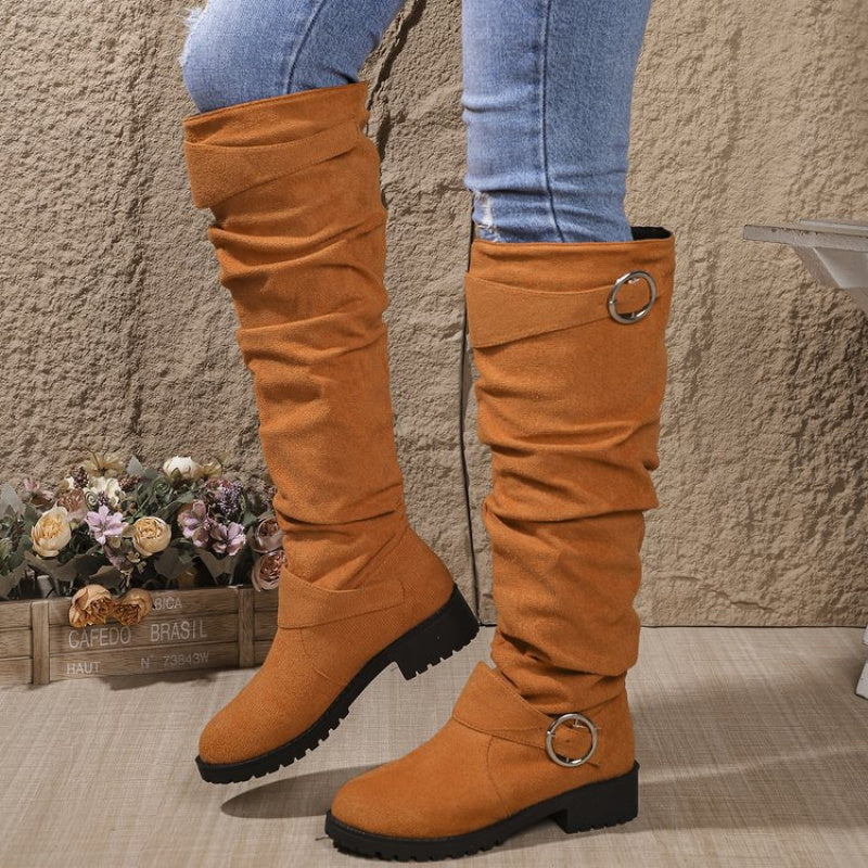 2025 Autumn Winter New Pleated Cross-border Boots | Women Belt Buckle Long Boots Over-the-Knee Slouch Boots Chunky Heel Long Boots, Rubber Upper, Sole, Round Toe, Low Block Heel