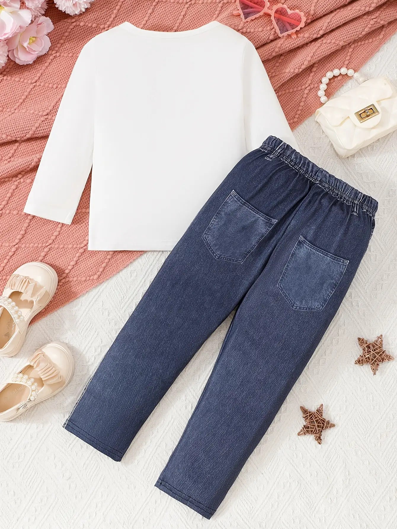 2pcs Girls' Cute Doll Print & Faux Denim Overalls Set - White Smock Dress + Blue Jeans-Like Leggings with Doll Face Print (Eyes/Nose/Mouth), Machine Washable Spring/Fall Outfit for Party, Everyday Play & Dress-Up , Perfect fo