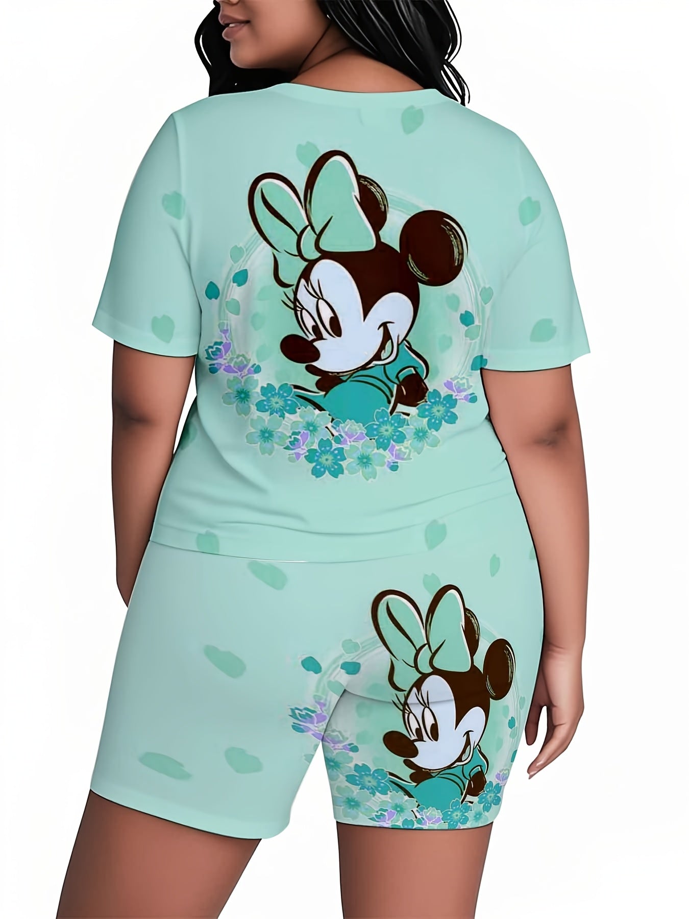 2pcs Women's Disney Mickey Mouse Summer Short Sleeve Set, Cartoon Design, 3D Printed Short Sleeve T-Shirt & Shorts Comfortable Great for Outdoors & Vacation, Loose Comfortable Sports Set