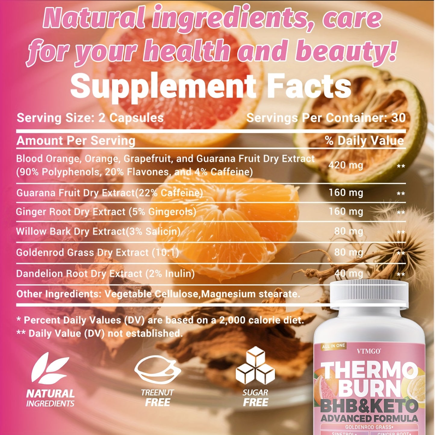 THERMO BURN Capsules Contain Caffeine, Flavonoids, Ginger Root, And Dandelion Root. Natural Ingredients Can Help You Maintain Your Figure And Help Through Metabolism - VTMGO