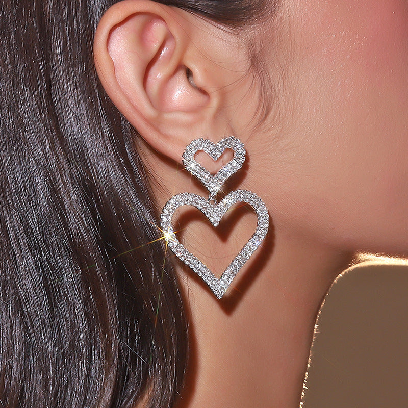 Women's Elegant Double Heart Rhinestone Dangle Earrings - Sparkling Party Jewelry for Valentine's Day, Anniversary, Birthday, Mother's Day Gift - Year-Round Glamour & Everyday to Evening Wear, Anniversary Present, Glamorous A