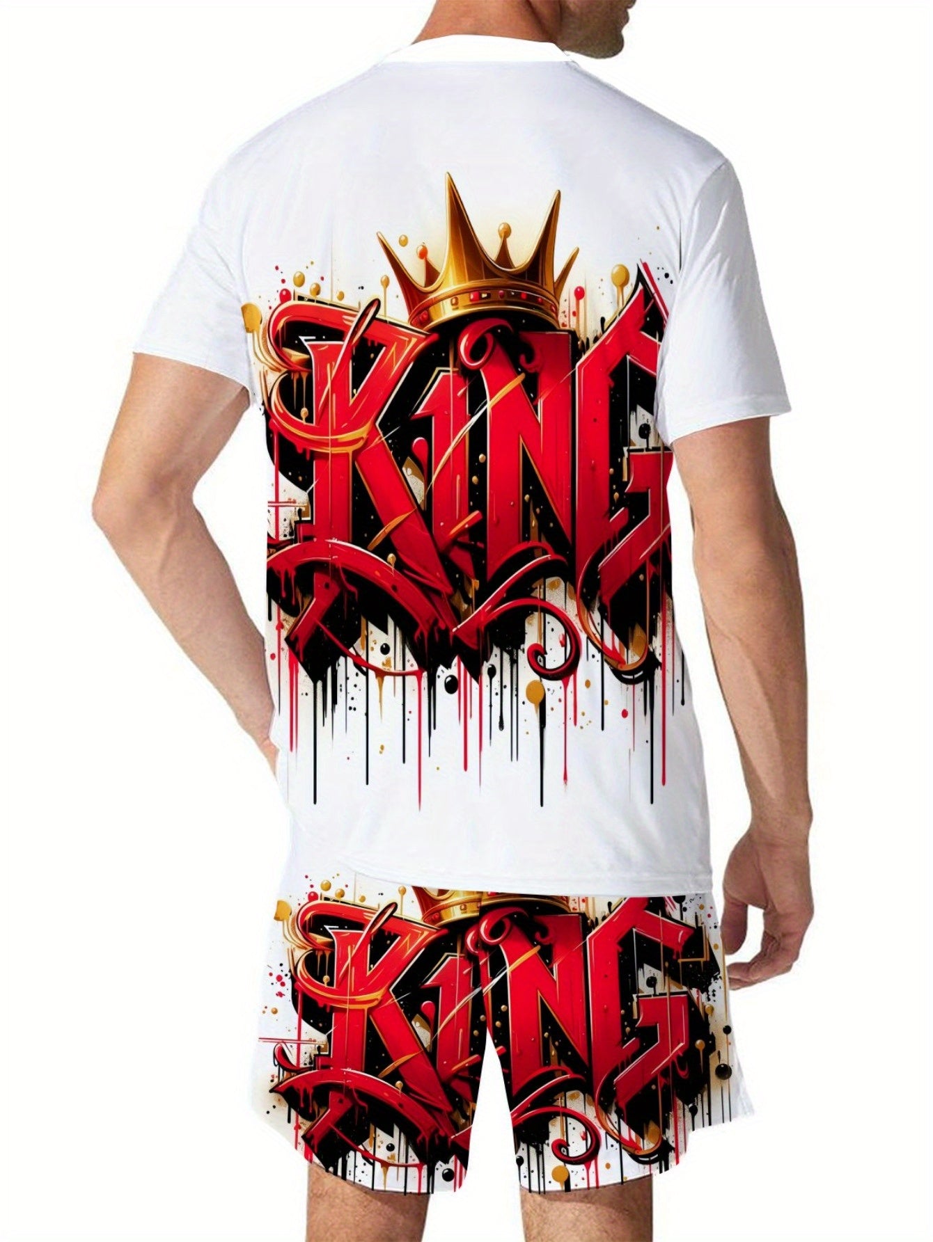 3D Crown KING Letters Pattern Full-body Printed Men'S Short-sleeved T-shirt +shorts Set Casual Summer Men'S Fashion 2pcs Sportswear Athletic Wear Men Round Neck and Short Sleeves Outfits Suits Regular Choice for Daily Fitness