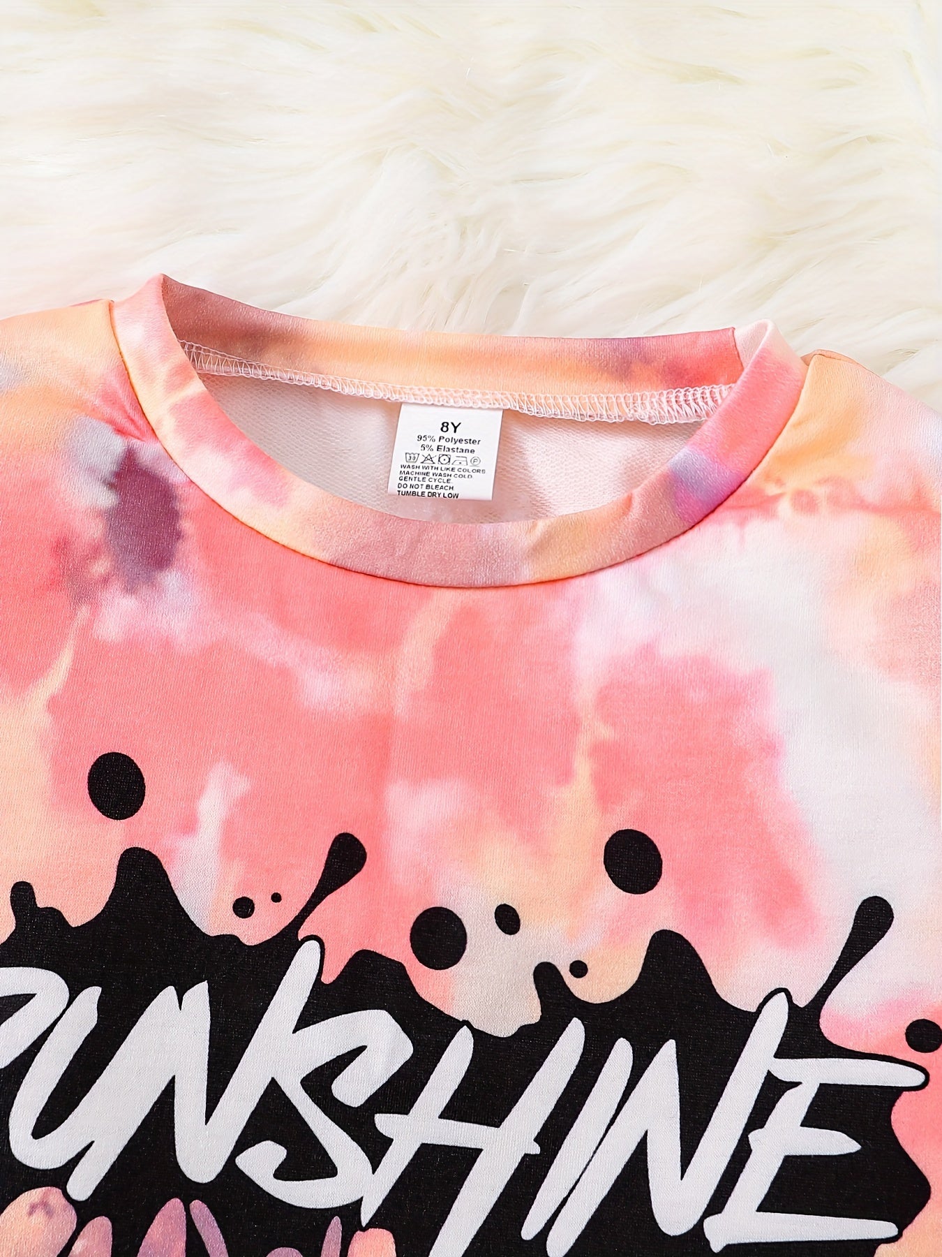 2pcs Girls' Fashionable Spring/Autumn Outfit - "SUNSHINE" Letter Print Tie-Dye Long Sleeve Top & Faux Ripped Print Elastic Waist Pants Set, Breathable Comfortable Casual Streetwear for Youngsters & Teens, Spring Fashion, Vibr