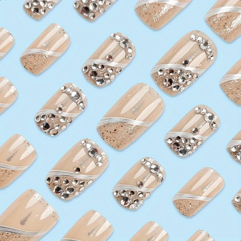 24pcs Square Press on Nails Rhinestone Fake Nails Glossy Nude Glue on Nails Full Cover False Nails Reusable Acrylic Nail Kit Cute Artificial Stick on Nails for Women DIY Manicure Decorations