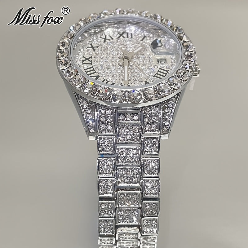 MISSFOX Elegant Quartz Watch for Women - Luminous, Round Alloy Case, Hip-Hop Iced-Out Design with Sparkling Crystals, Perfect for Casual or Formal Wear, Ladies Watches