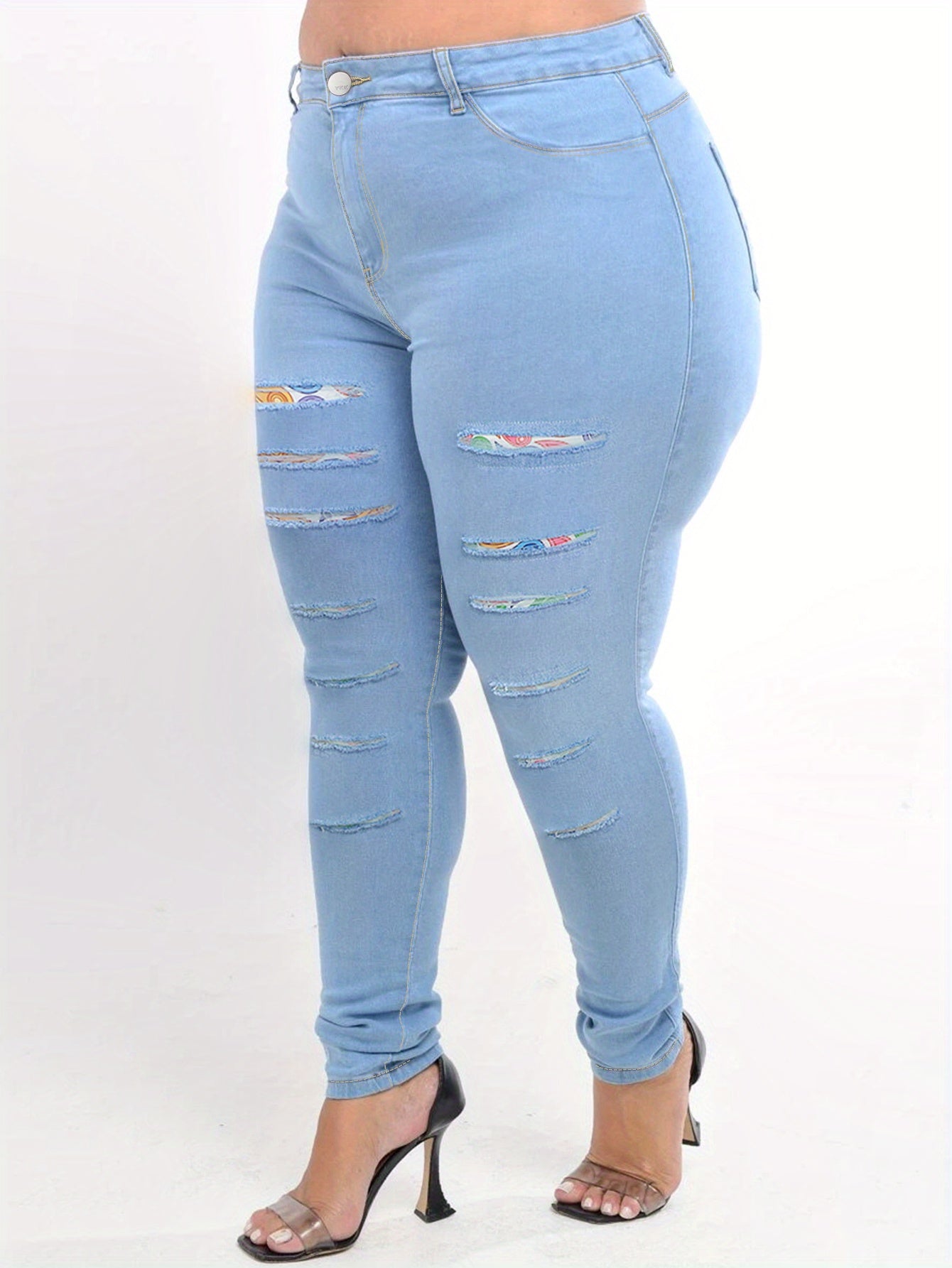 [Plus Size Denim] Plus Size Women's Skinny Fit Denim Pants | Plain Washed Blue Casual Style Zipper Button Closure