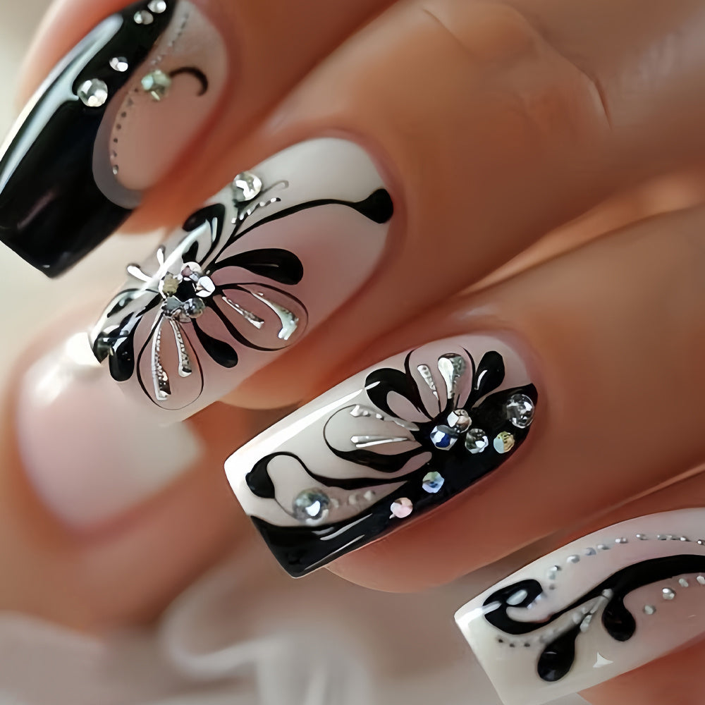 24pcs Spring and Summer Style Medium Water Pipe Black Butterfly Design Fake Nails 3D Rhinestone Silvery Lines Black French Simple High-end Wearable Nails Suitable for Women and Girls Daily Wear and Dating Removable Press-on N