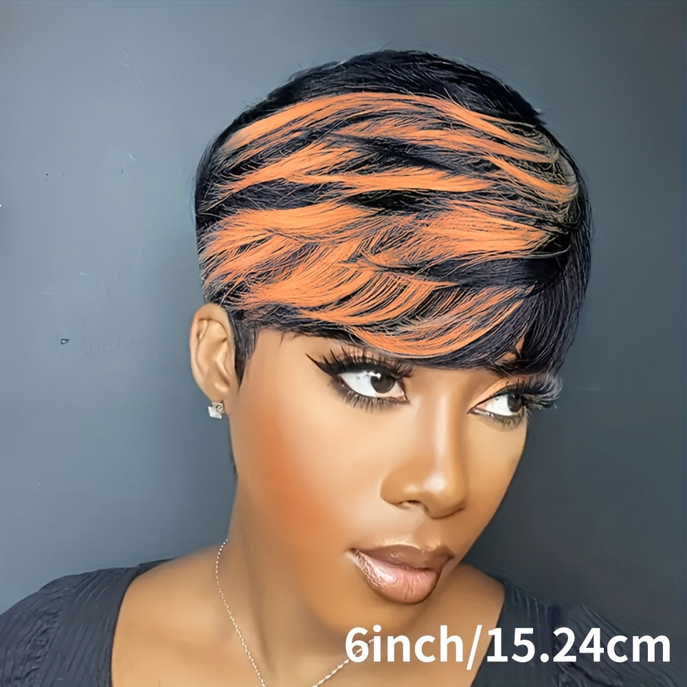 Women's Brazilian Remy Human Hair Wig - Sporty Short Pixie Cut with Golden Brown Highlights, 150% Density Rose Net Cap, Machine-Made Straight Bob Wig for All Ethnicities, Versatile Hairstyle | Sleek Straight Wig | Comfortable