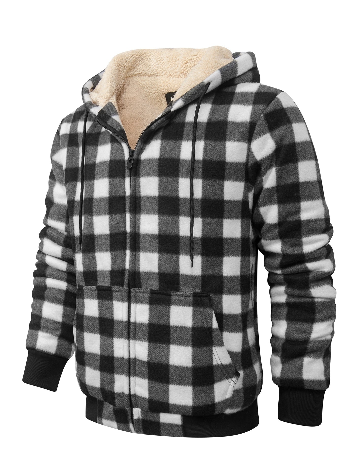 Men's Heavyweight Fleece Hooded Jacket - Full-Zip Sherpa Lining, Thick Winter Coat with Plaid Pattern (Blue/Black/Beige/Brown), Zippered Pockets, Hand Washable, Casual Outerwear for Cold Weather & Everyday Use - Ideal for Ski