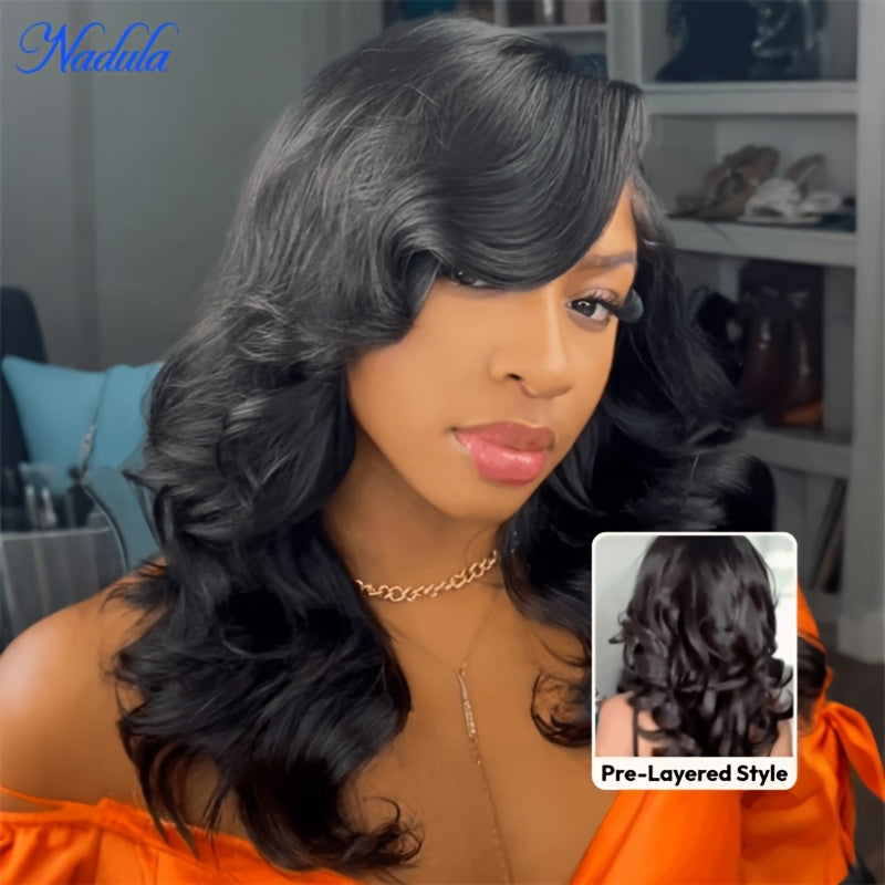 Nadula 7x5 Lace No Slip Wig Feathered Layer Side Part 200% Density Human Hair Glueless Wig with Invisible Drawstring Put On And Go Pre-Cut Lace Pre-bleached Knots Pre-Plucked Hairline