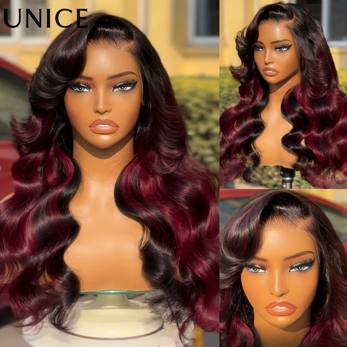 UNICE 7x5 Glueless Lace Front Wig Human Hair - Burgundy Highlights & Dark Brown, Pre Plucked & Bleached Invisible Knots, 180% Density Loose Wave Hairline, No Glue/No Skills Needed, Virgin Hair Donor Wigs for Men & (Beginner