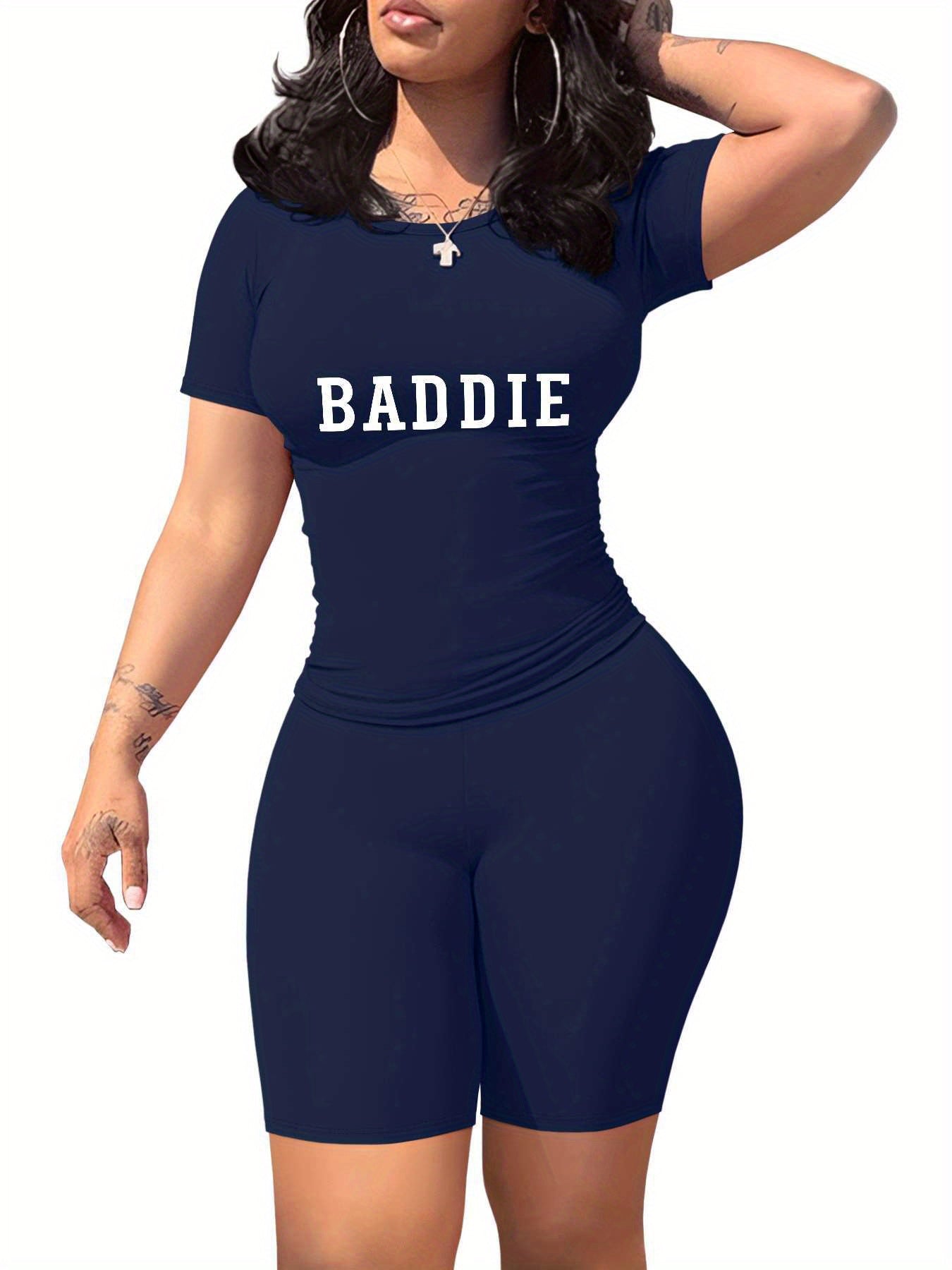 Baddie Women'S SlimFit TShirt and Shorts Set, Premium Baddie Lettering Print, Durable Baddie Graphic Design, Casual Baddie Style Fashion with Soft Fabric, Comfortable and LongLasting Baddie Trend., Allseason Apparel, Trendy O
