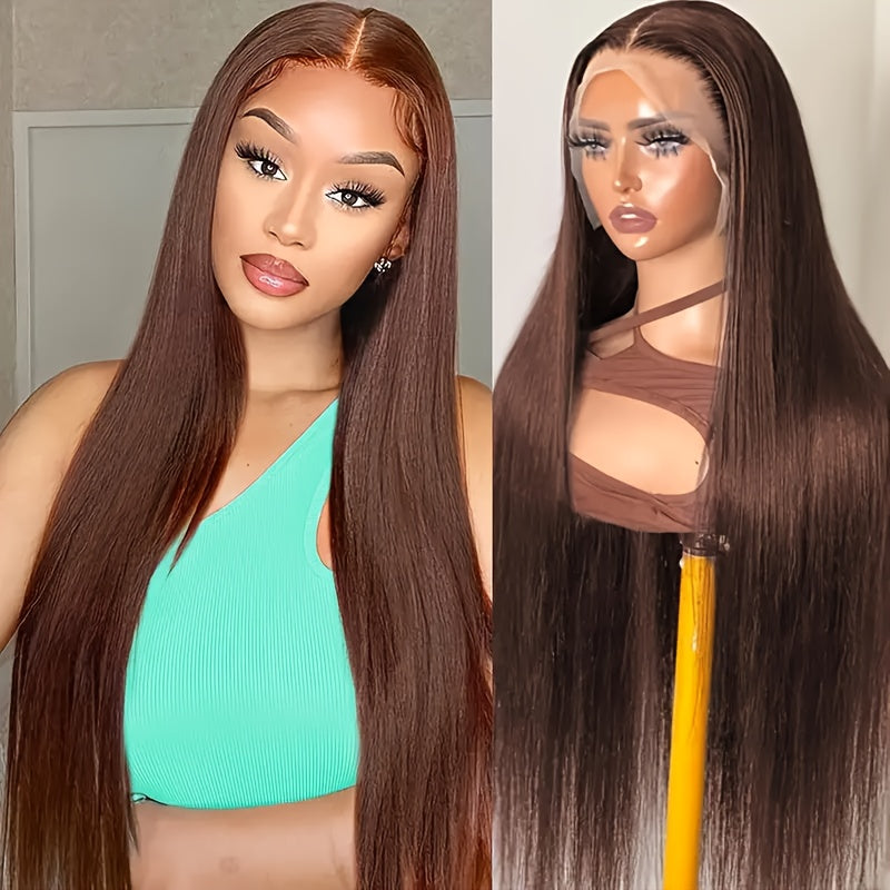 Chocolate Brown Straight Lace Front Wig - 13x4 HD Transparent Human Hair, 200% Density, Pre-Plucked with Baby Hair, Glueless Design for a Sleek, Natural Look