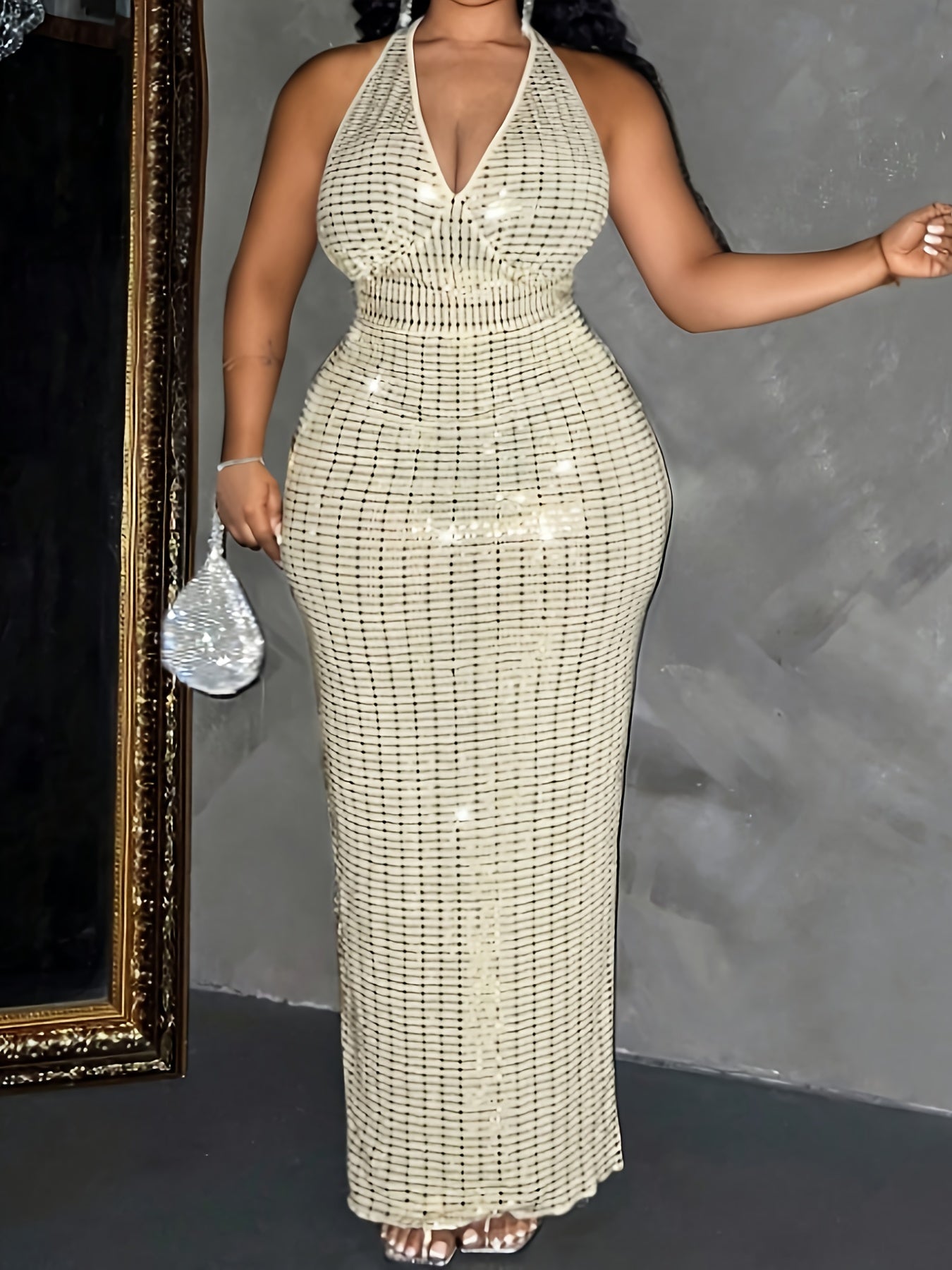 Plus Size Women's Sleeveless Halter Neck Sequin Dress - Elegant Bodycon Summer Party Dress with High Slit, Hand Wash Only, Formal Occasion Attire | Stretchy Fabric Gown