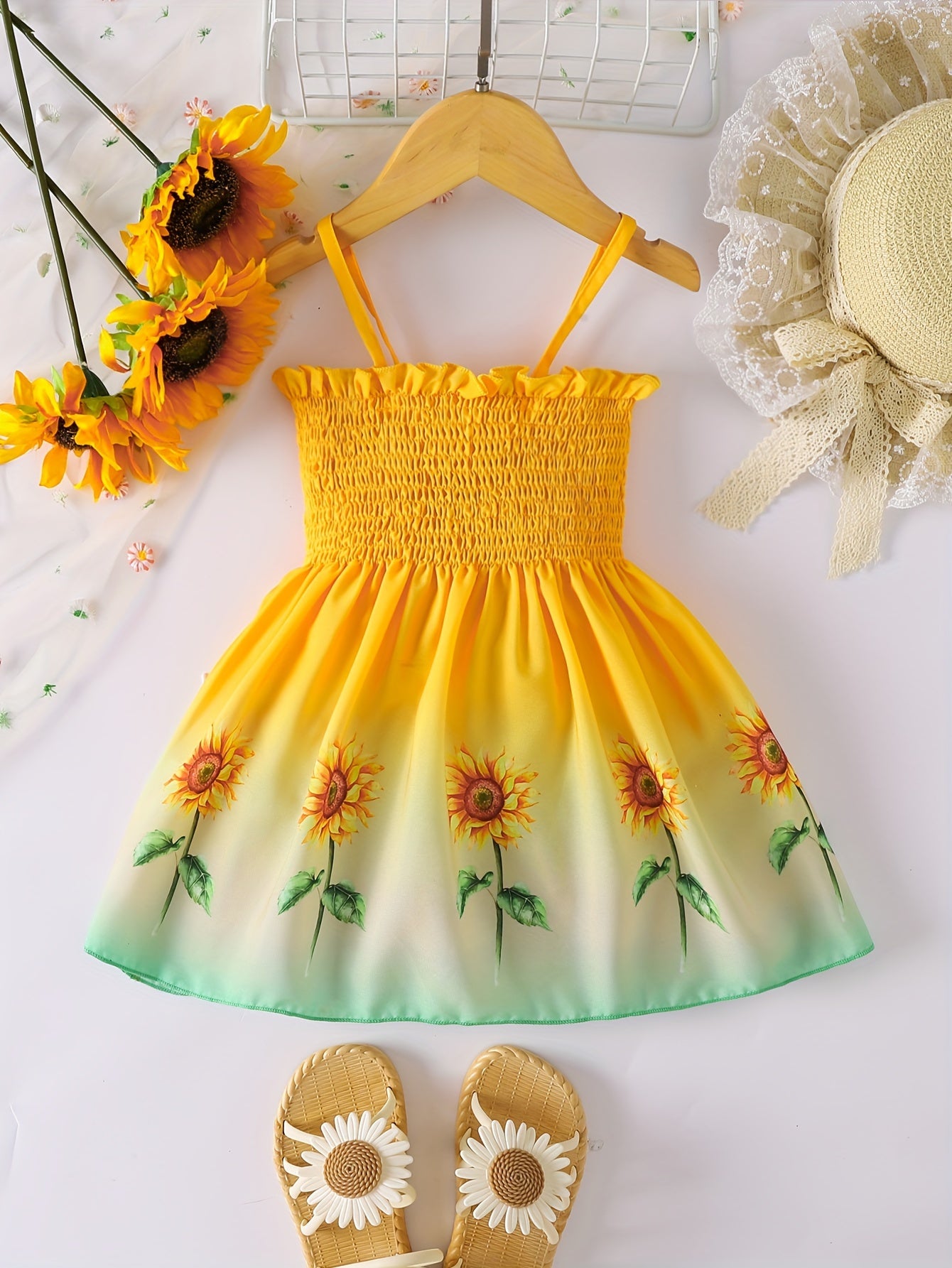 [Sunflower | Girls] Gradient Color Sunflower Princess Dress | Toddler Girls Shirred Cami Frill Trim | For Party Beach Vacation Kids Summer Clothes 4th Of July Outfit