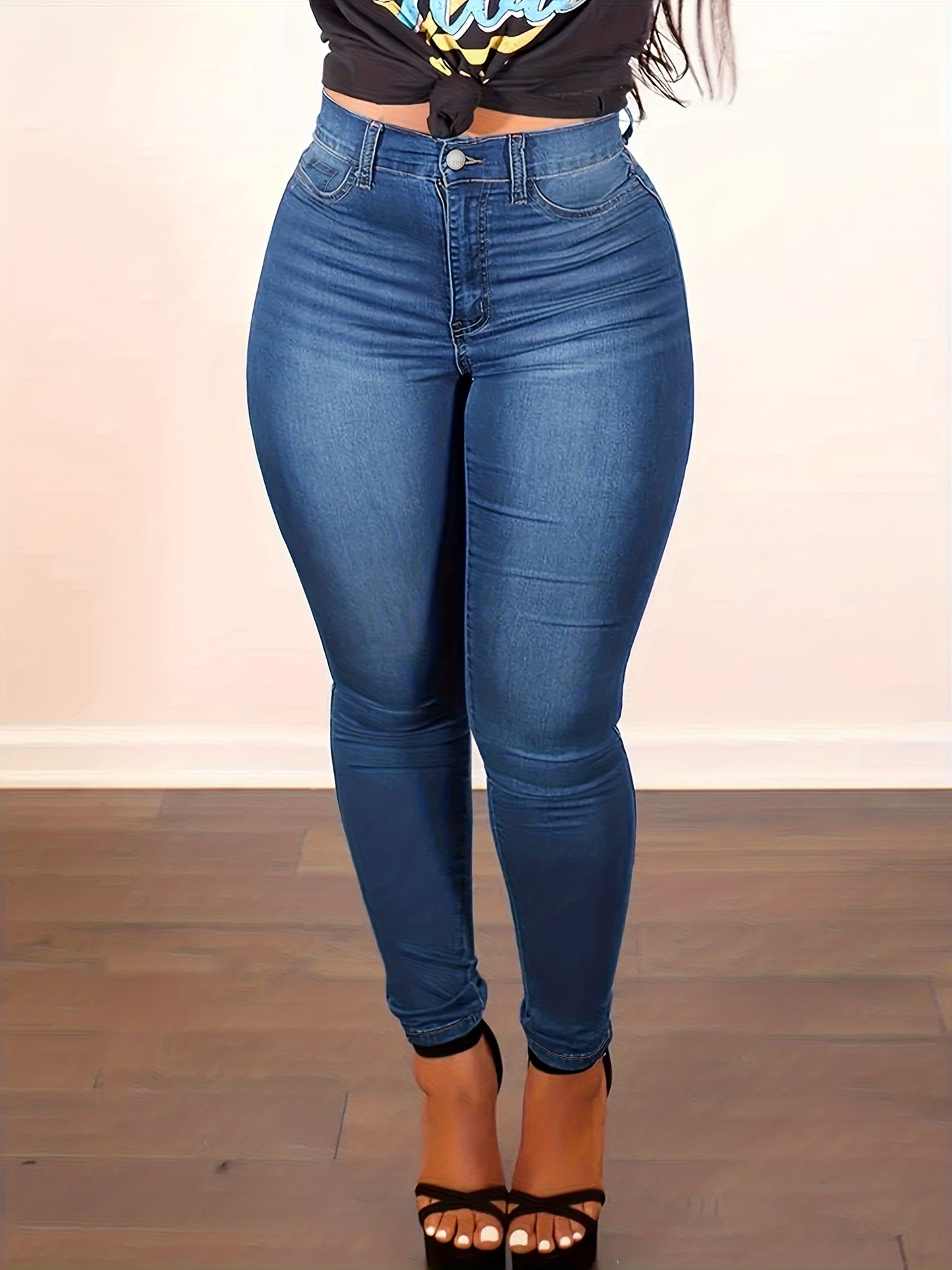 Women'S Plus Size Skinny Jeans - High-Waisted Stretchy Full-Length Denim Pants with Tummy Control, Built-In Zipper Closure & Pencil Leg - All-Season Comfort, Classic Washed Streetwear Style for Casual & Formal Outfits (Curvy-