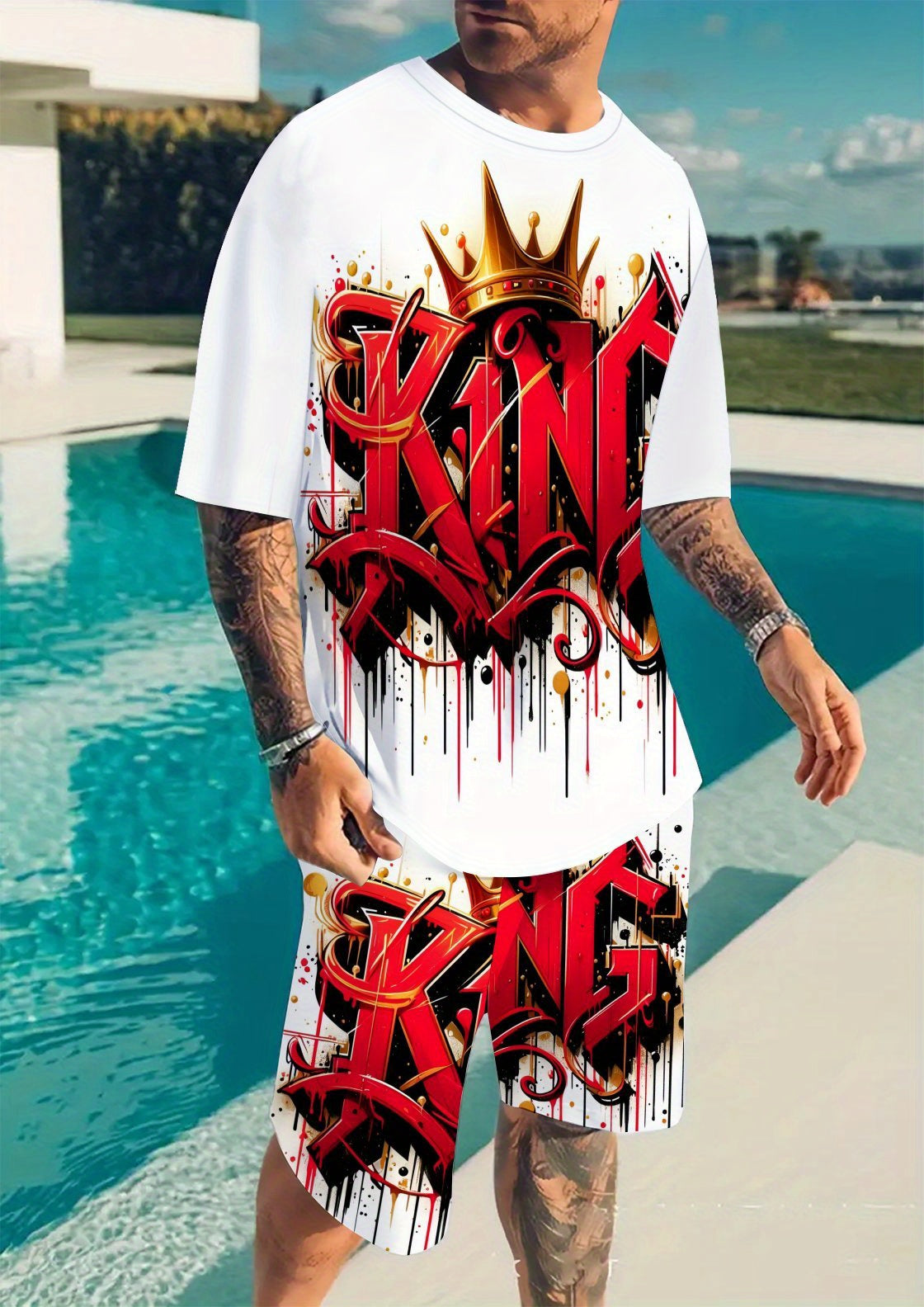 3D Crown KING Letters Pattern Full-body Printed Men'S Short-sleeved T-shirt +shorts Set Casual Summer Men'S Fashion 2pcs Sportswear Athletic Wear Men Round Neck and Short Sleeves Outfits Suits Regular Choice for Daily Fitness