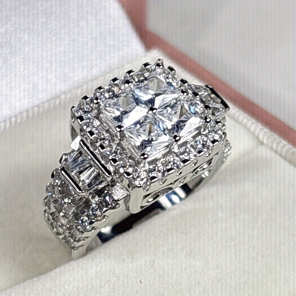 925 Sterling Silver Princess Cut Cubic Zirconia Ring, Halo Setting, Women'S Engagement Ring