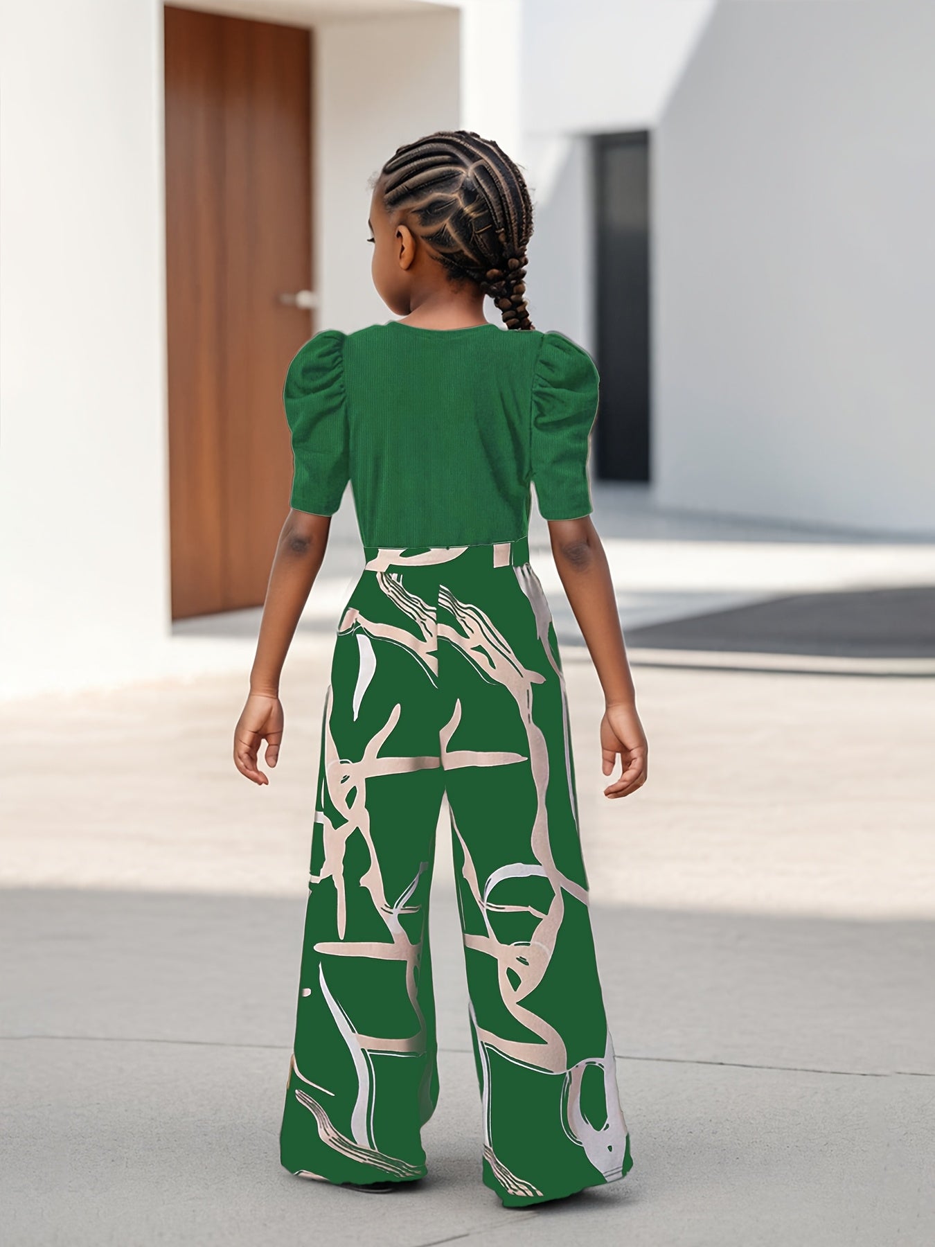 Bubble Sleeve Fashion Simple Top & Stylish Floral Print Wide Leg Pants, Girls' Long Trousers Set, Children's Casual Fashion Wide Leg Outfit Suitable for Ages 3 and Up, Perfect for Outdoor