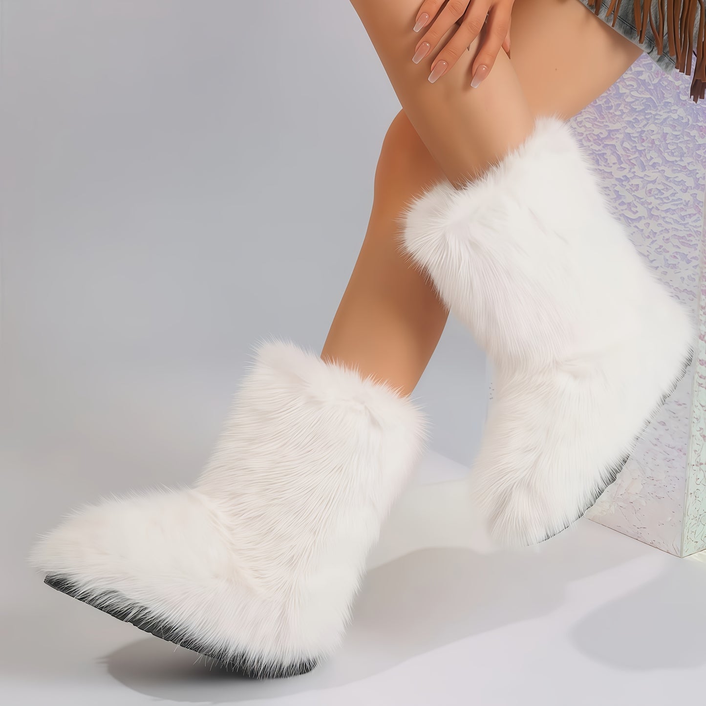 Women's Plush Faux Fur Winter Boots - Furry Mid-Calf (Short) Round Toe Snow Shoes with Sole, Cozy Warm & Soft Inner - White/Black/Coffee Brown//Tortoiseshell - Casual & Party Footwear
